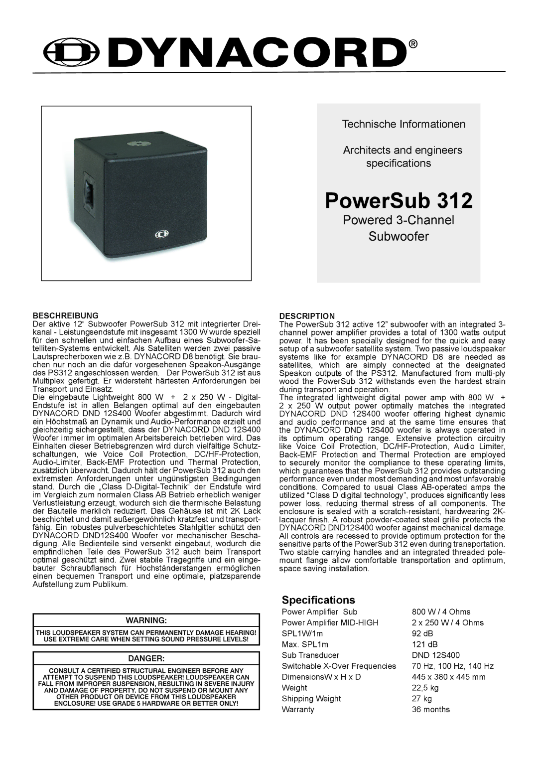 Dynacord 312 dimensions PowerSub, Powered 3-Channel Subwoofer, Specifications, Beschreibung, Description 