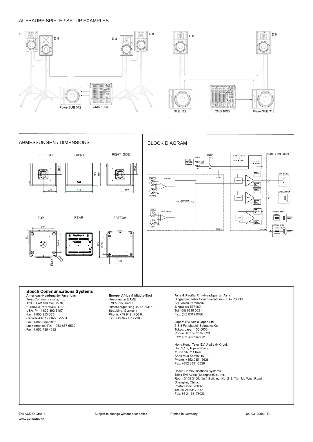 Dynacord 312 Aufbaubeispiele / Setup Examples, Abmessungen / Dimensions, Block Diagram, Bosch Communications Systems 