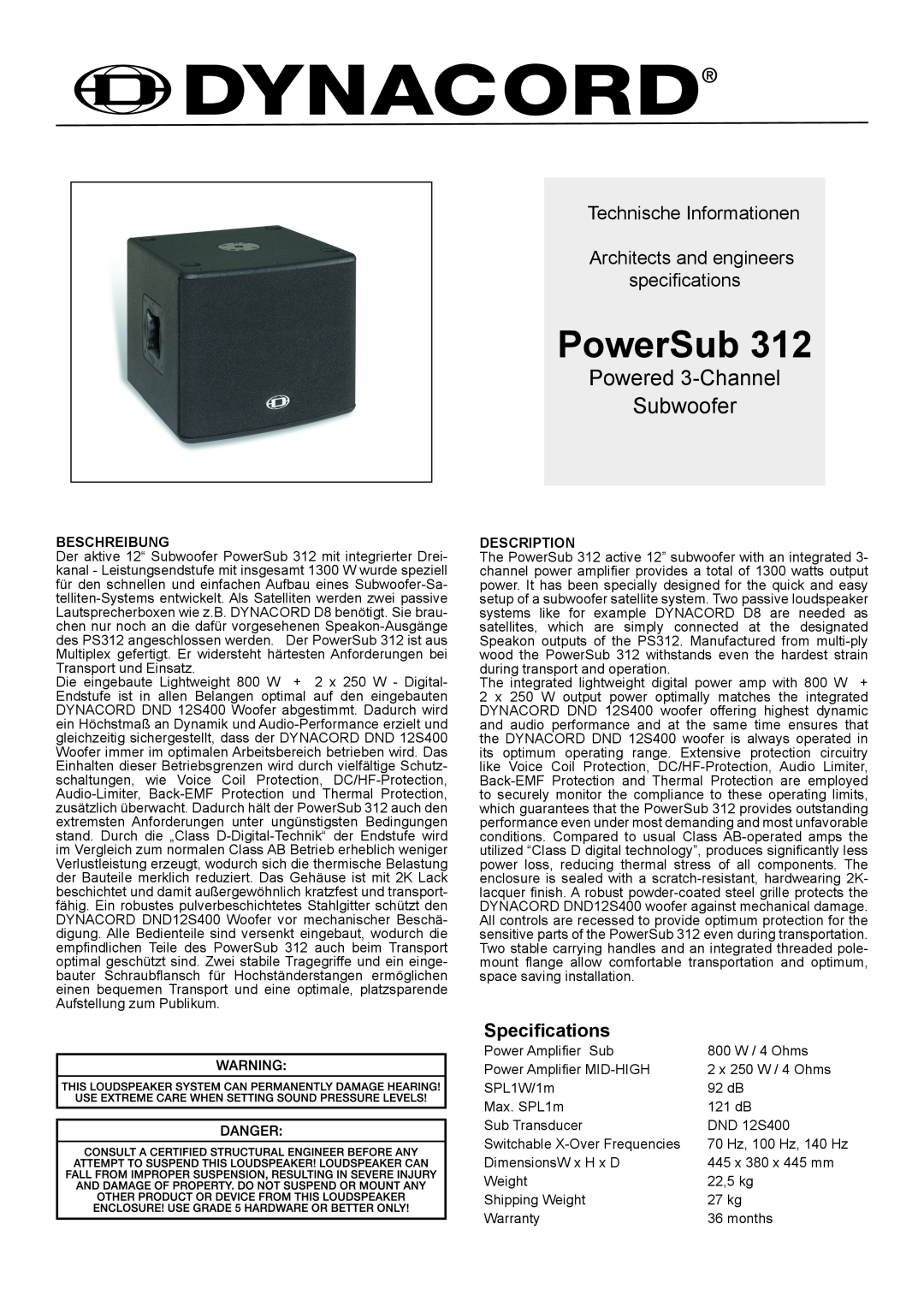 Dynacord 312 dimensions PowerSub, Powered 3-Channel Subwoofer, Technische Informationen, Specifications, Beschreibung 