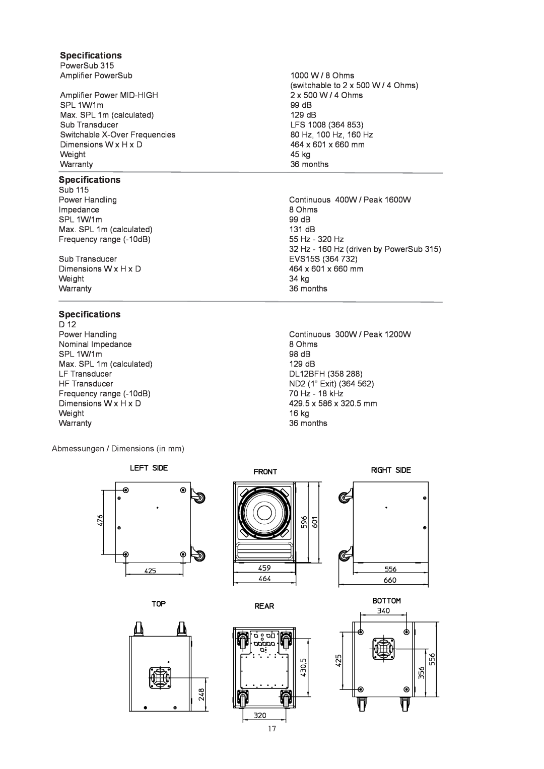 Dynacord 315 owner manual Specifications 