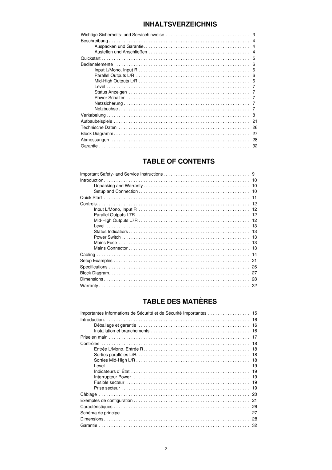 Dynacord 800 A owner manual Inhaltsverzeichnis 