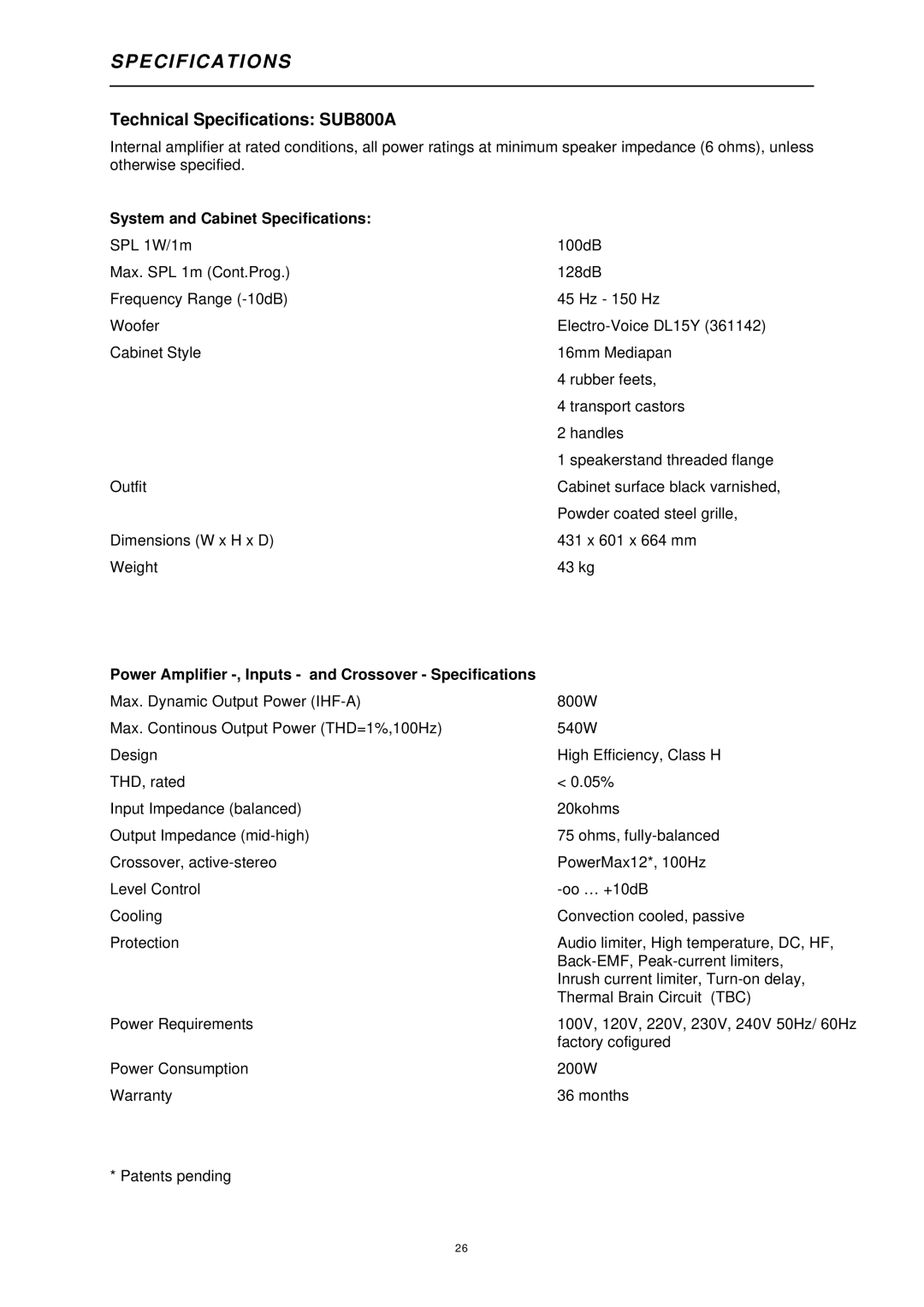 Dynacord 800 A owner manual Peci F I C a T IO N S, System and Cabinet Specifications 