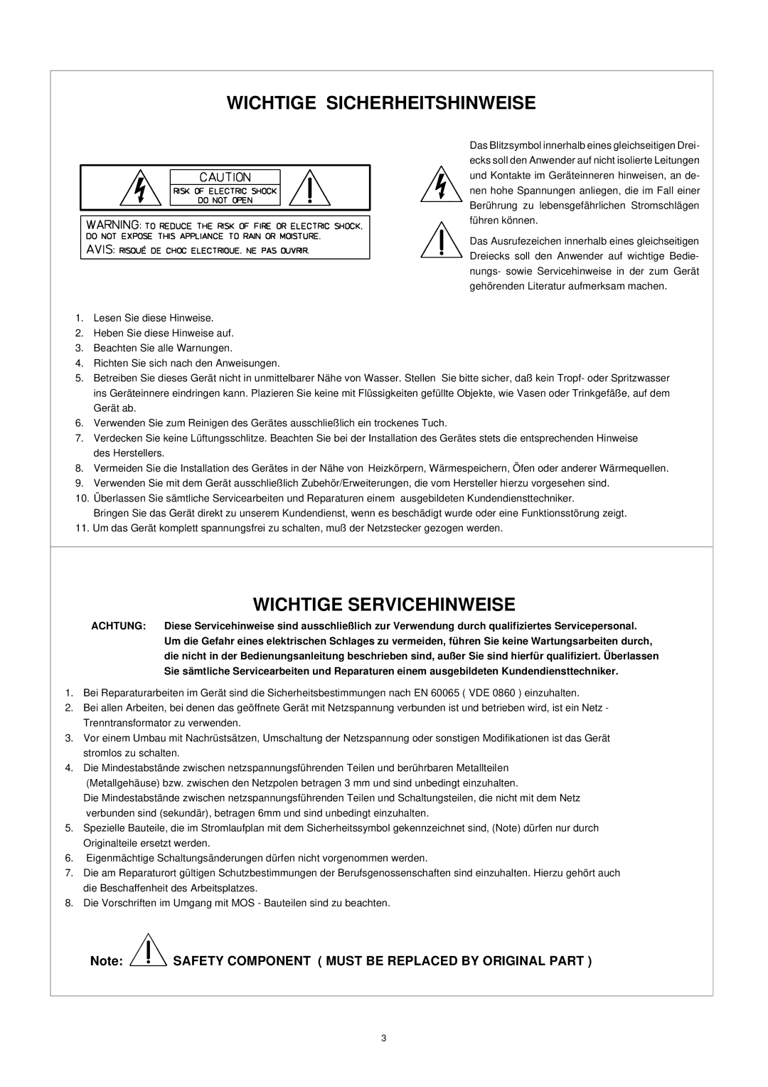 Dynacord 800 A owner manual Wichtige Sicherheitshinweise 