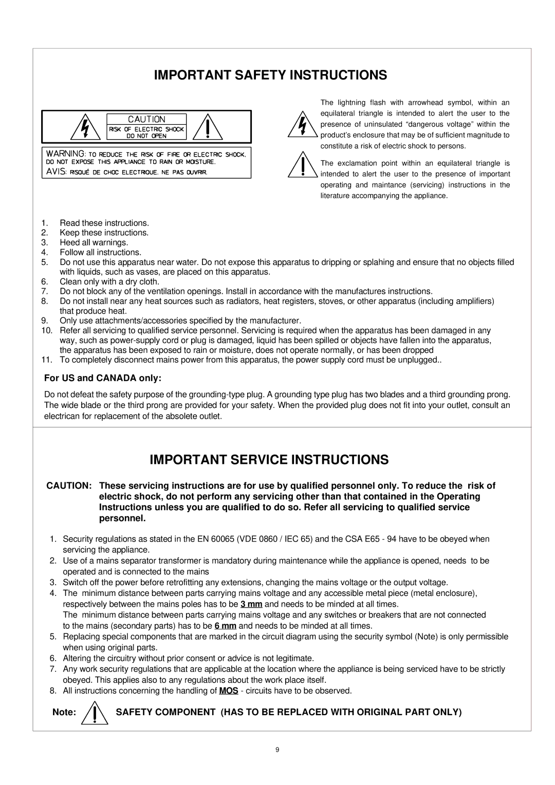 Dynacord 800 A owner manual Important Safety Instructions, For US and Canada only 