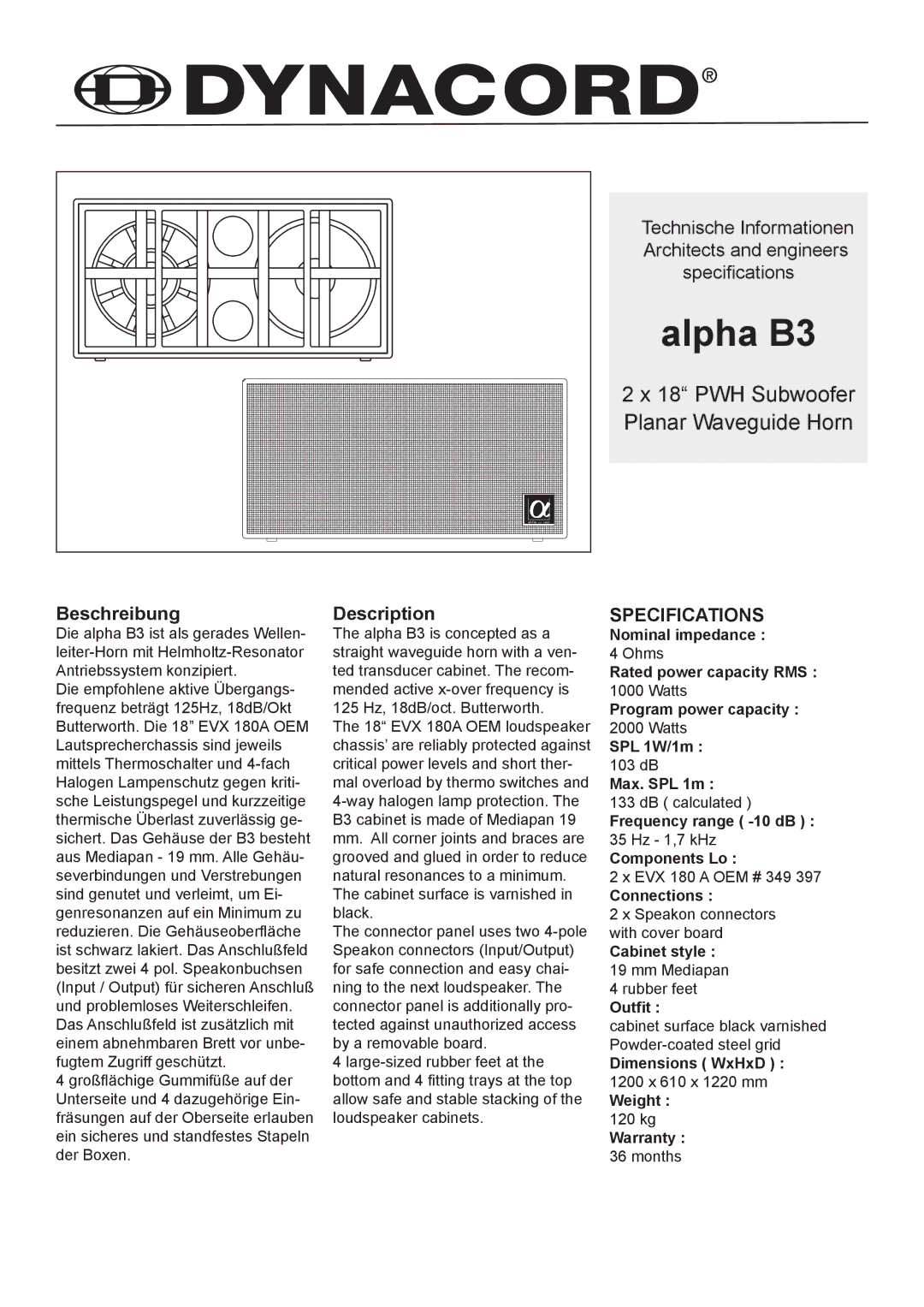 Dynacord alpha B3 specifications Alpha B3, PWH Subwoofer Planar Waveguide Horn, Specifications 