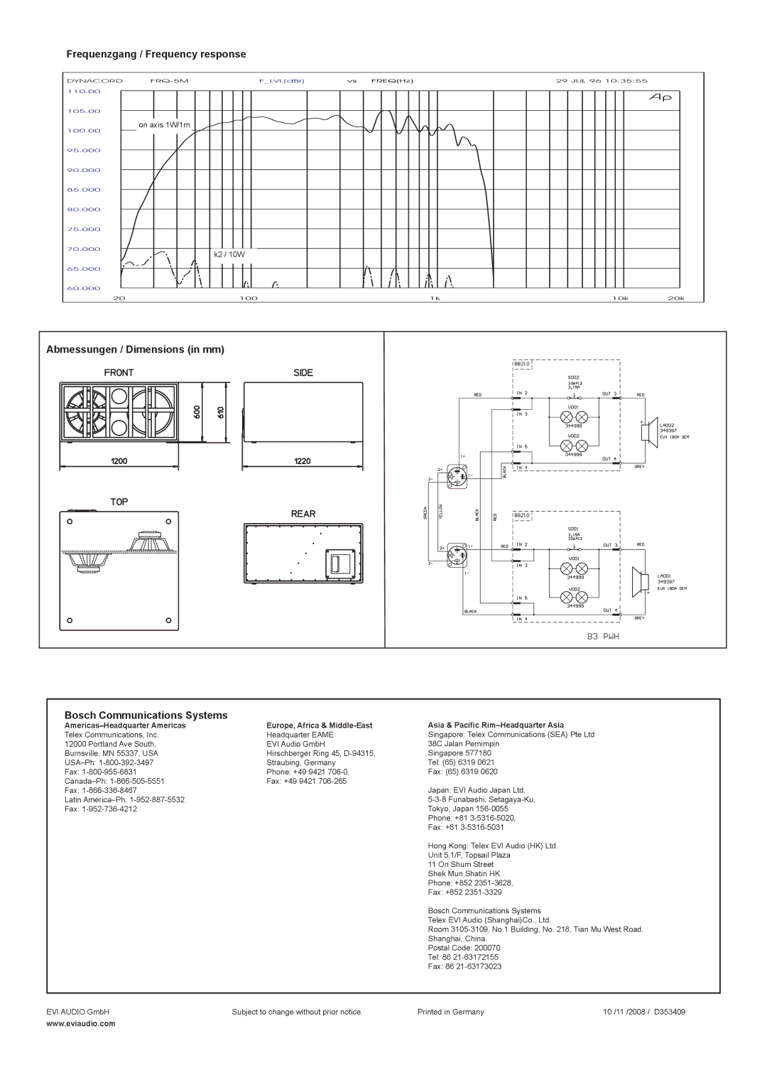 Dynacord alpha B3 Frequenzgang / Frequency response, Abmessungen / Dimensions in mm, Bosch Communications Systems 