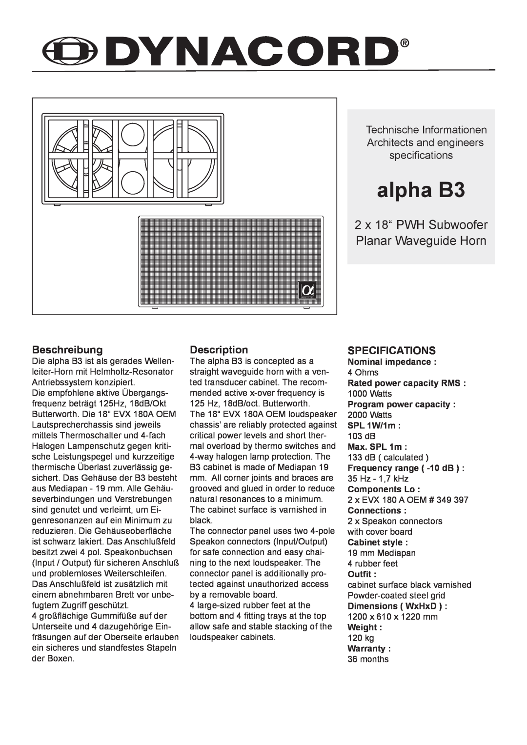 Dynacord alpha B3 specifications 2 x 18“ PWH Subwoofer Planar Waveguide Horn, Beschreibung, Description, Specifications 