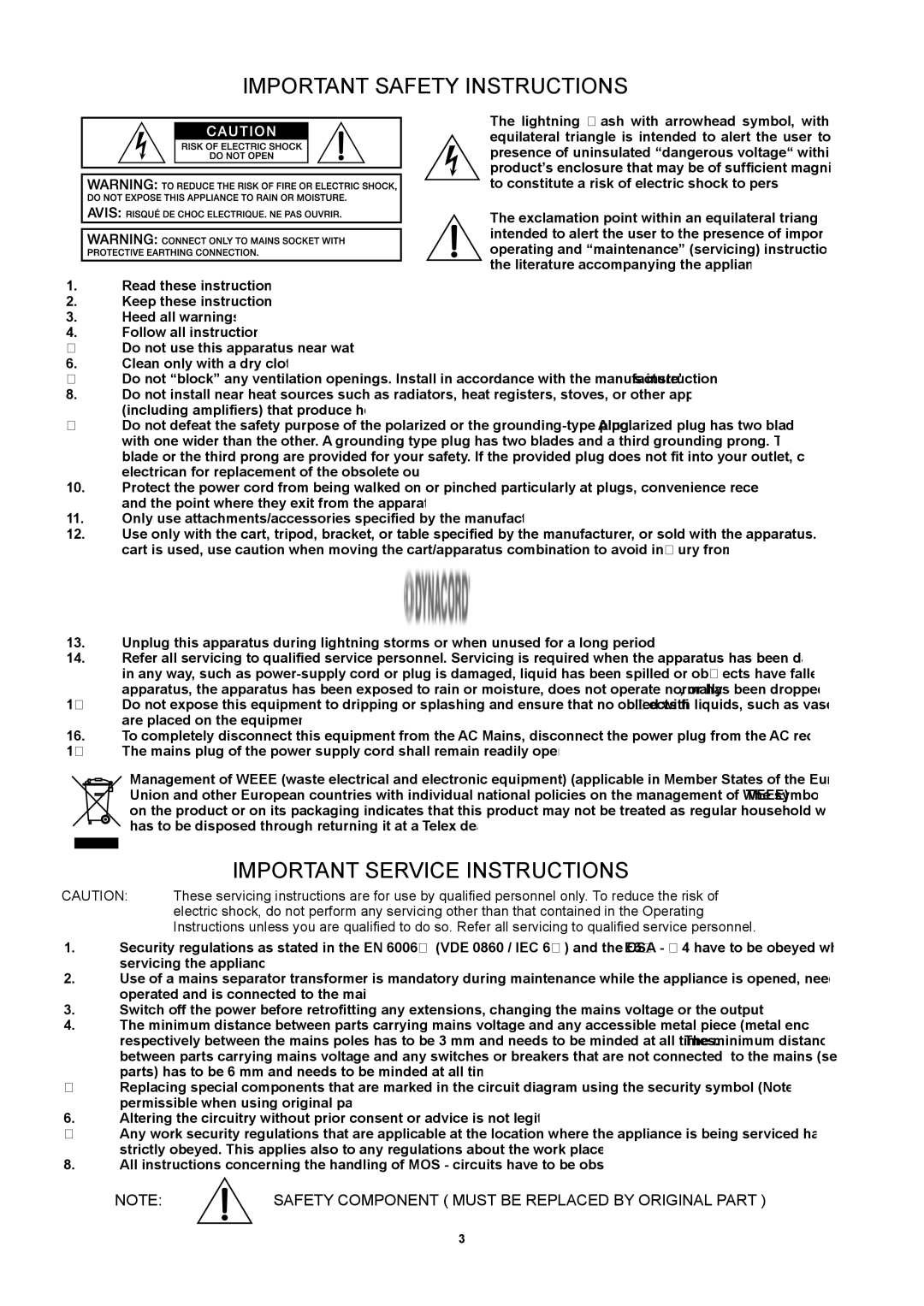 Dynacord CL 1200, CL 2000 owner manual Important Safety Instructions 