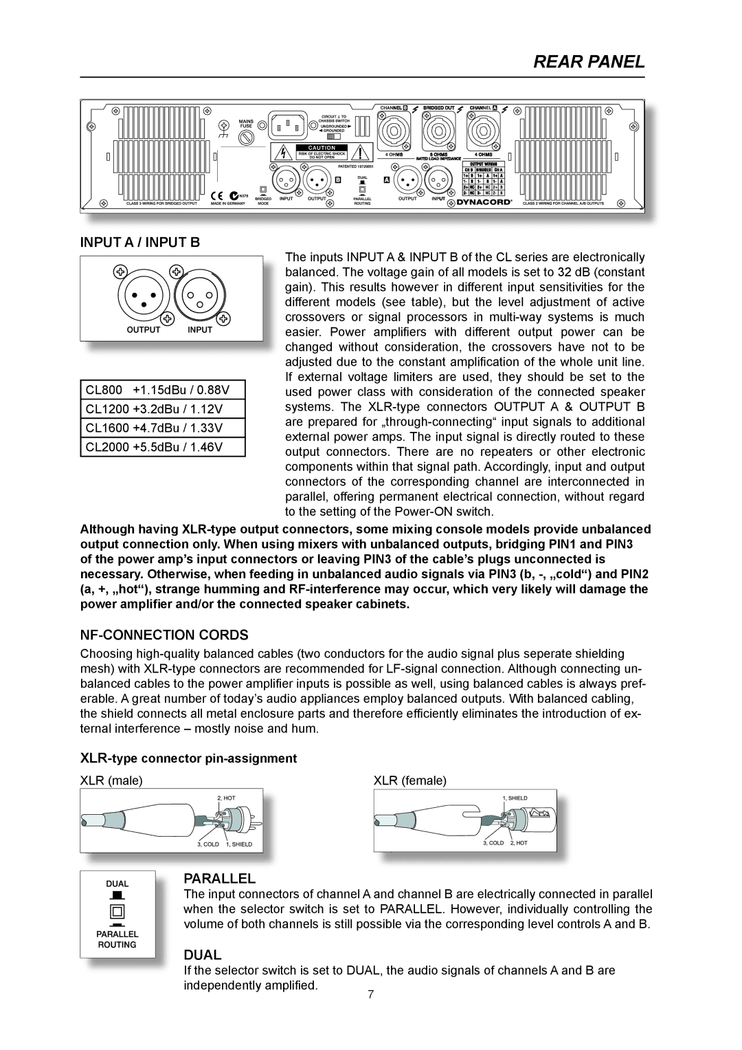 Dynacord CL 1200, CL 2000 owner manual Rear Panel, Input a / Input B, NF-CONNECTION Cords, Parallel, Dual 