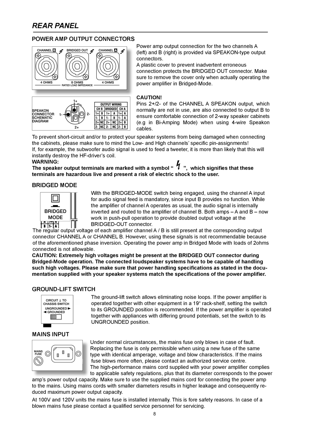 Dynacord CL 2000, CL 1200 owner manual Power AMP Output Connectors, Bridged Mode, GROUND-LIFT Switch, Mains Input 