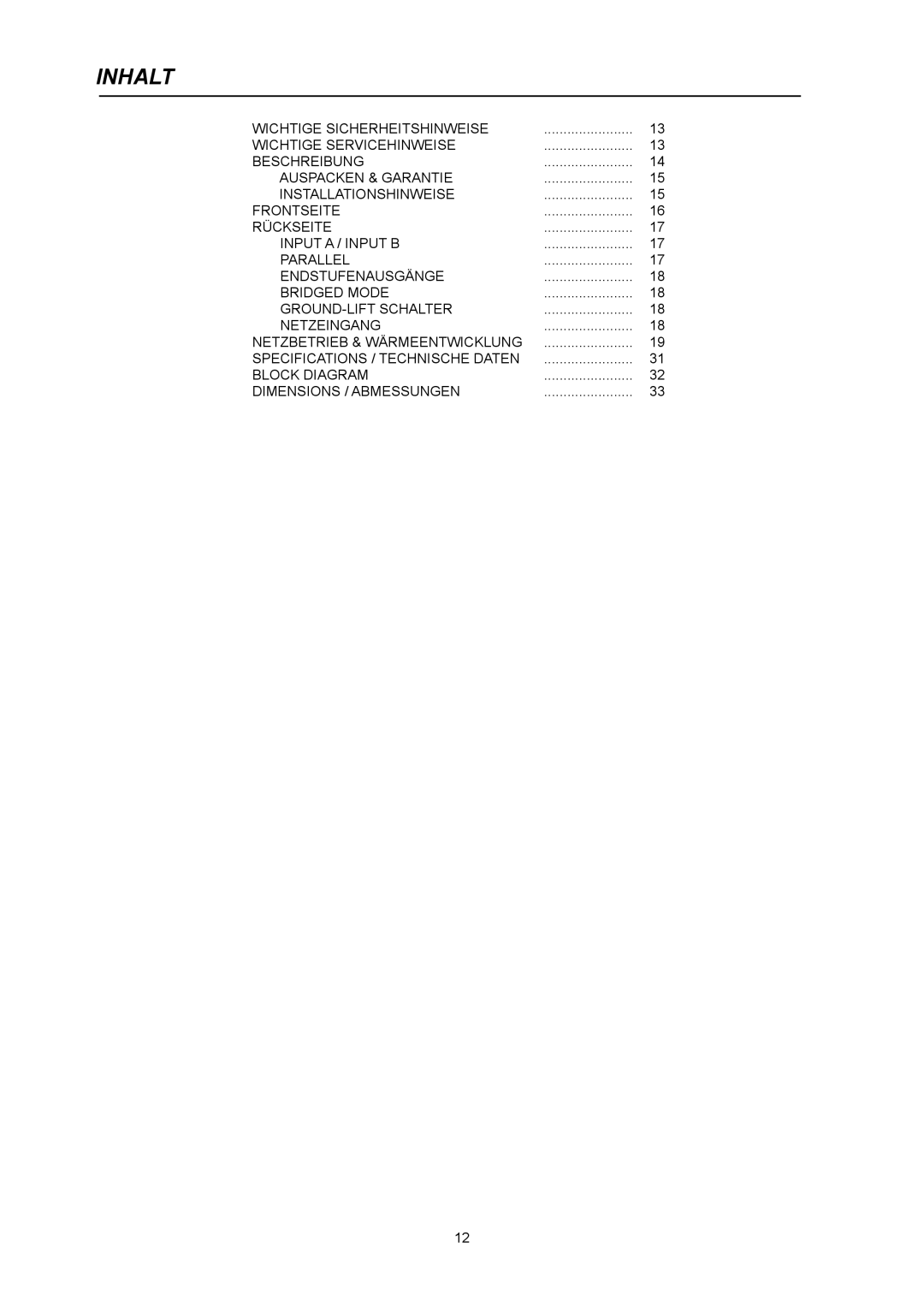 Dynacord CL 800 owner manual Inhalt 