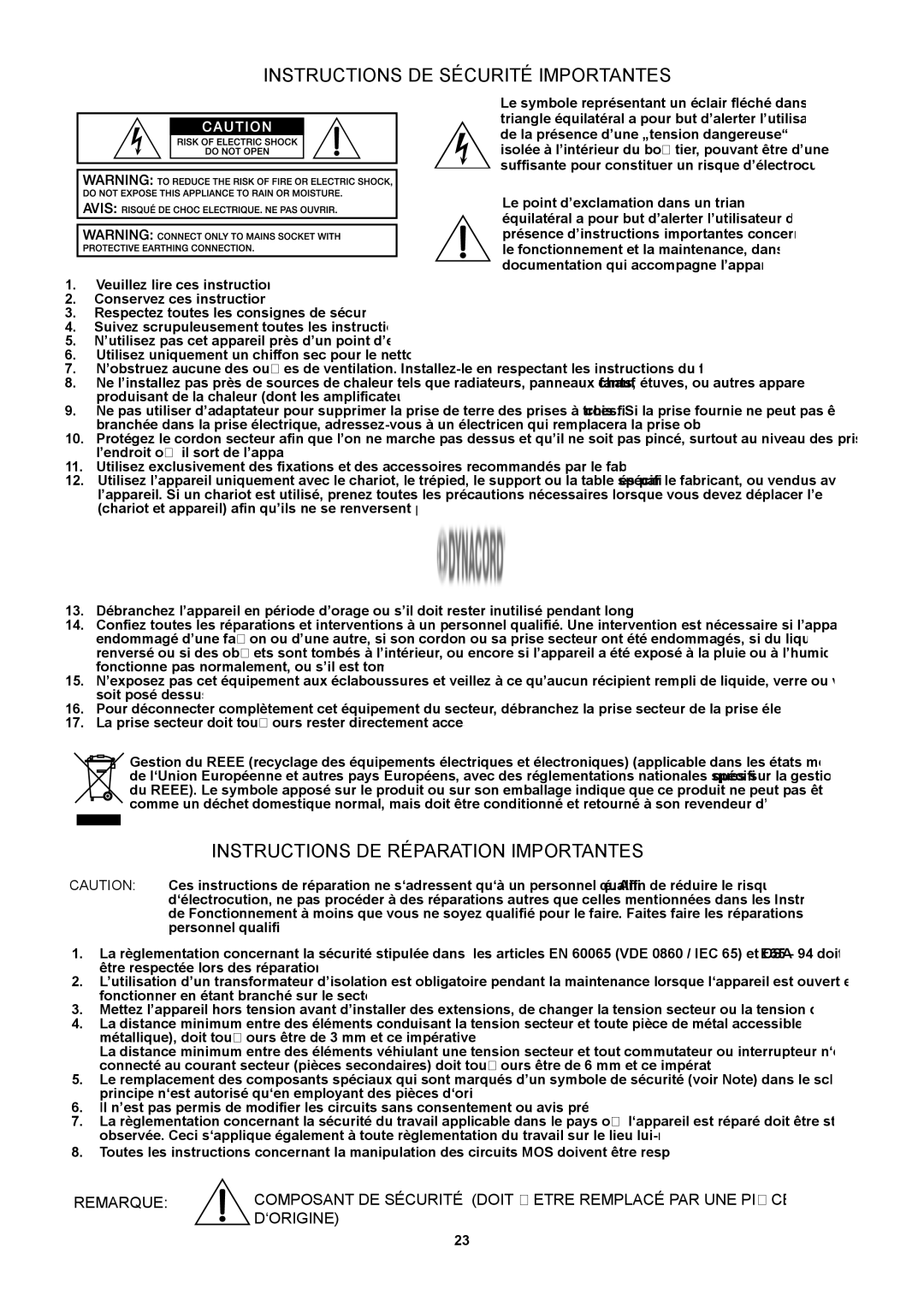 Dynacord CL 800 owner manual Instructions DE Sécurité Importantes 