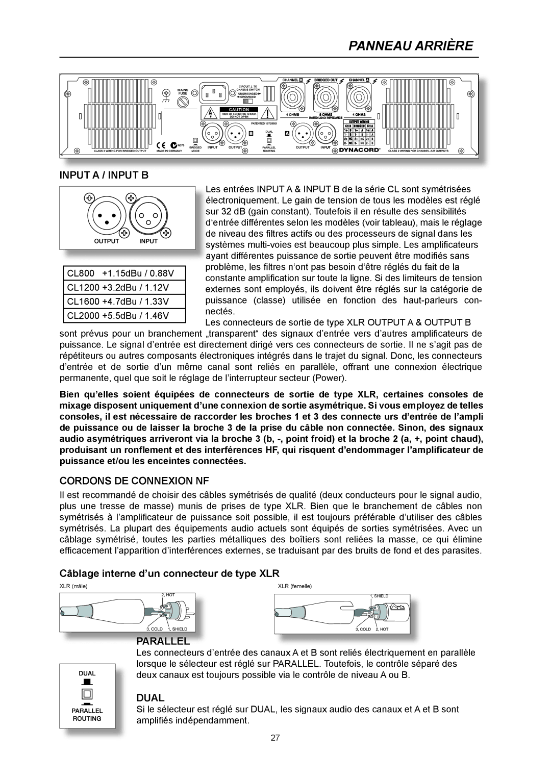 Dynacord CL 800 owner manual Panneau Arrière, Cordons DE Connexion NF 