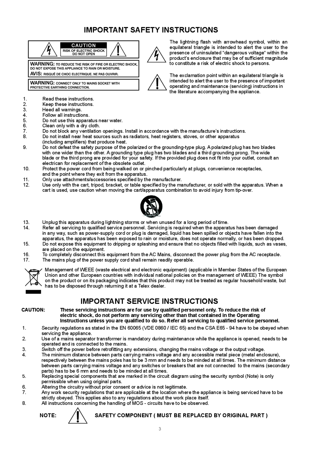 Dynacord CL 800 owner manual Important Safety Instructions 