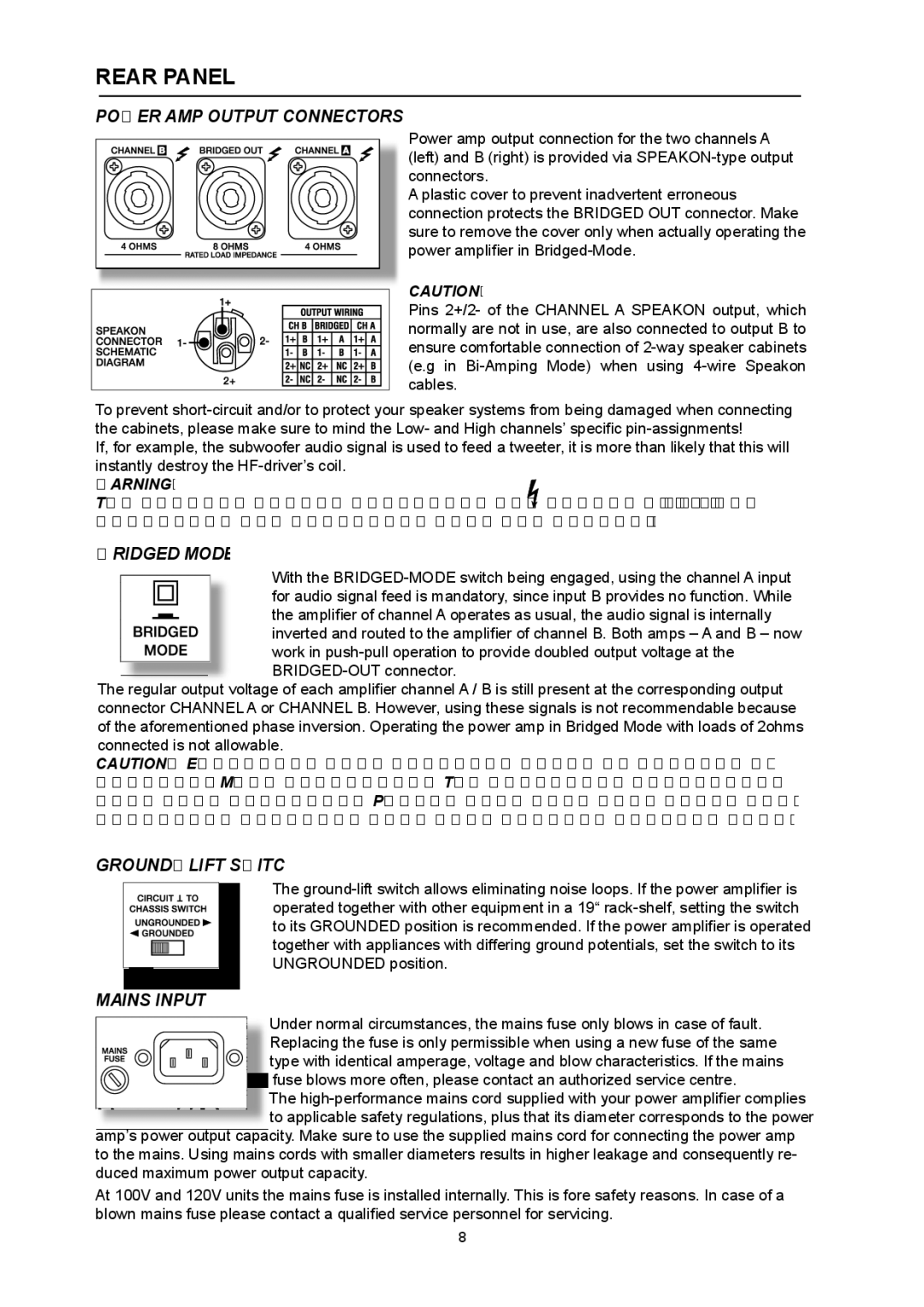 Dynacord CL 800 owner manual Power AMP Output Connectors, Bridged Mode, GROUND-LIFT Switch, Mains Input 