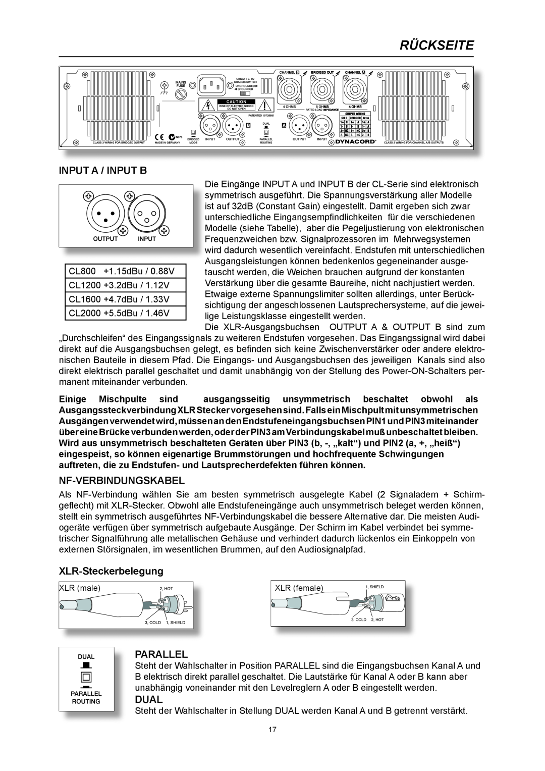 Dynacord CL 800 owner manual Rückseite, Nf-Verbindungskabel, XLR-Steckerbelegung, Input A / Input B, Parallel, Dual 