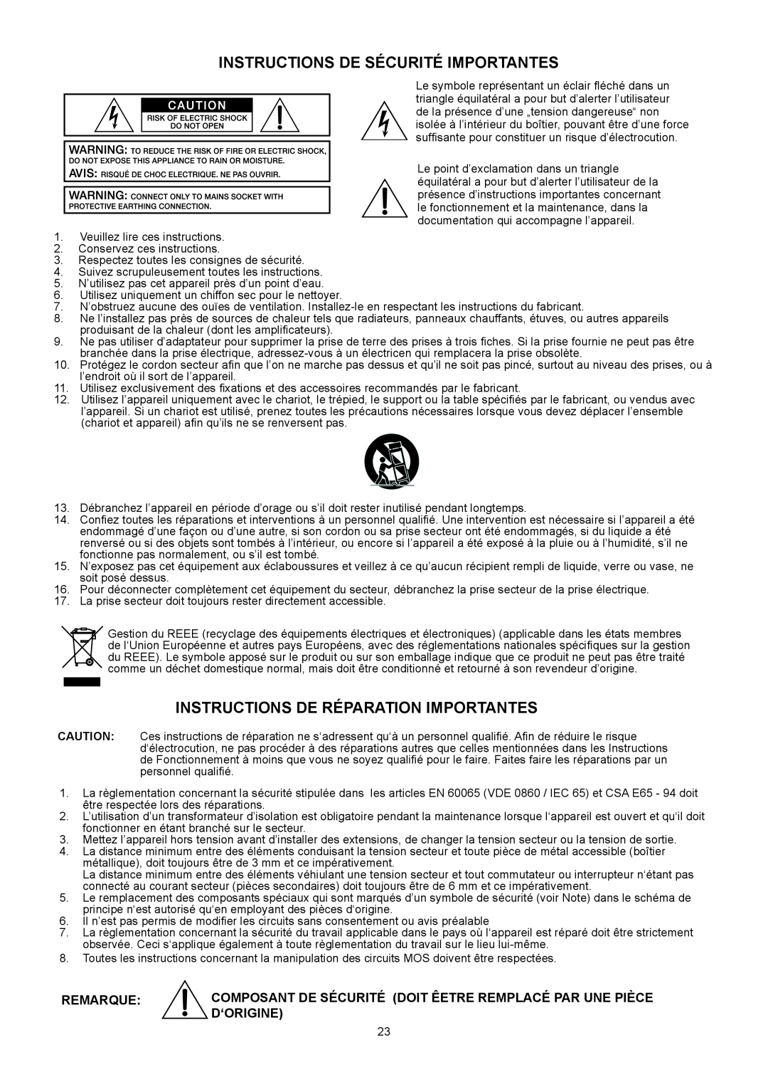 Dynacord CL 800 Instructions De Sécurité Importantes, Instructions De Réparation Importantes, Remarque, D‘Origine 