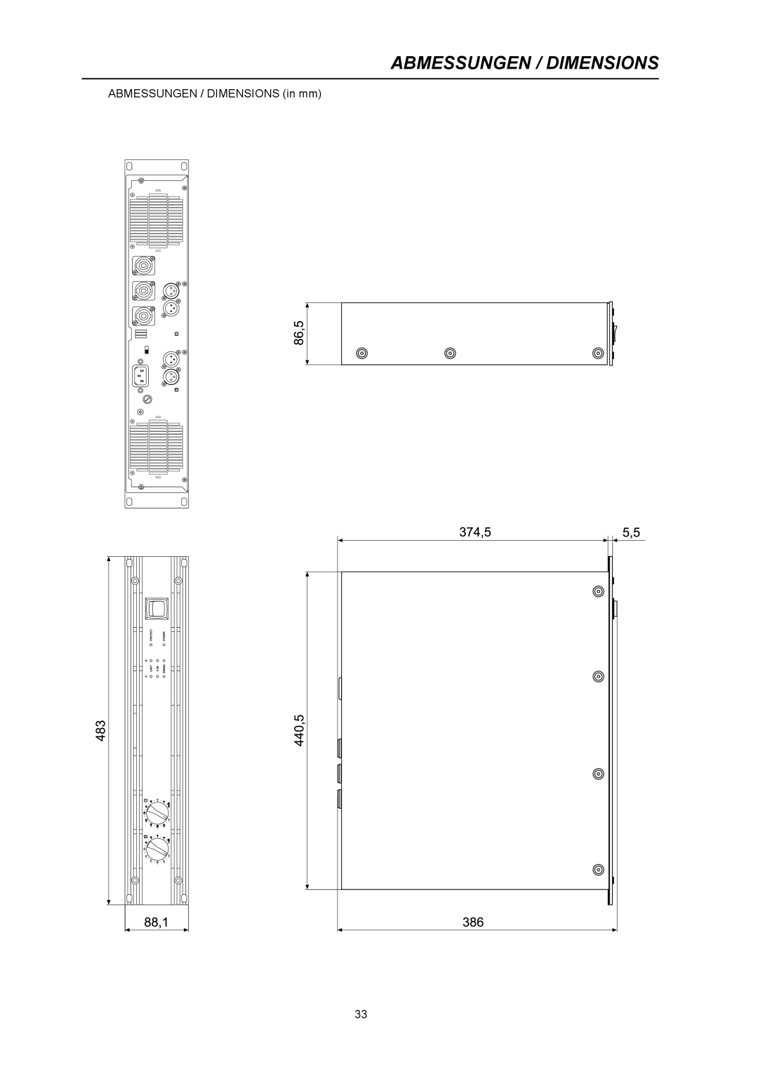 Dynacord CL 800 owner manual Abmessungen / Dimensions, ABMESSUNGEN / DIMENSIONS in mm 