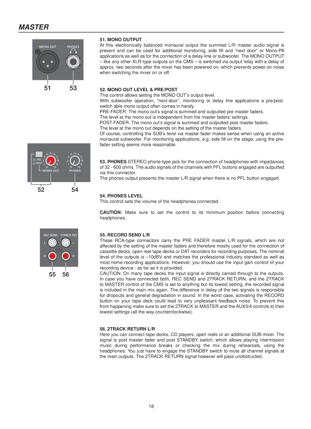 Dynacord CMS 1000, 1600, 2200 Mono Output, Mono OUT Level & PRE/POST, Phones Level, Record Send L/R, Track Return L/R 