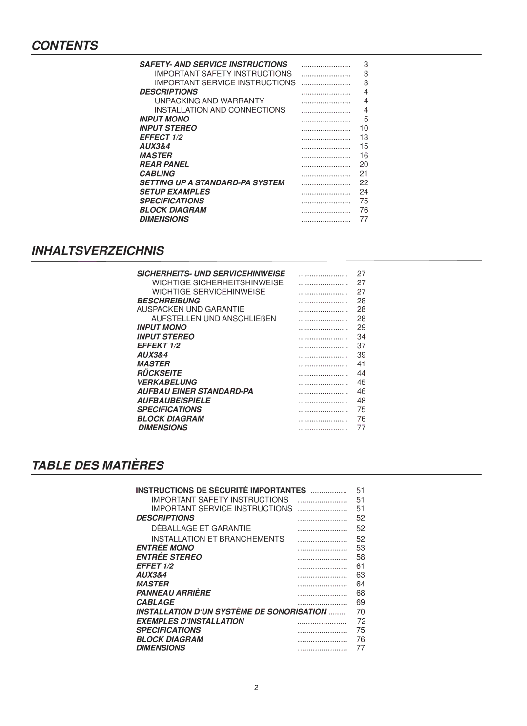 Dynacord 2200, CMS 1000, 1600 owner manual Contents, Inhaltsverzeichnis, Table DES Matières 