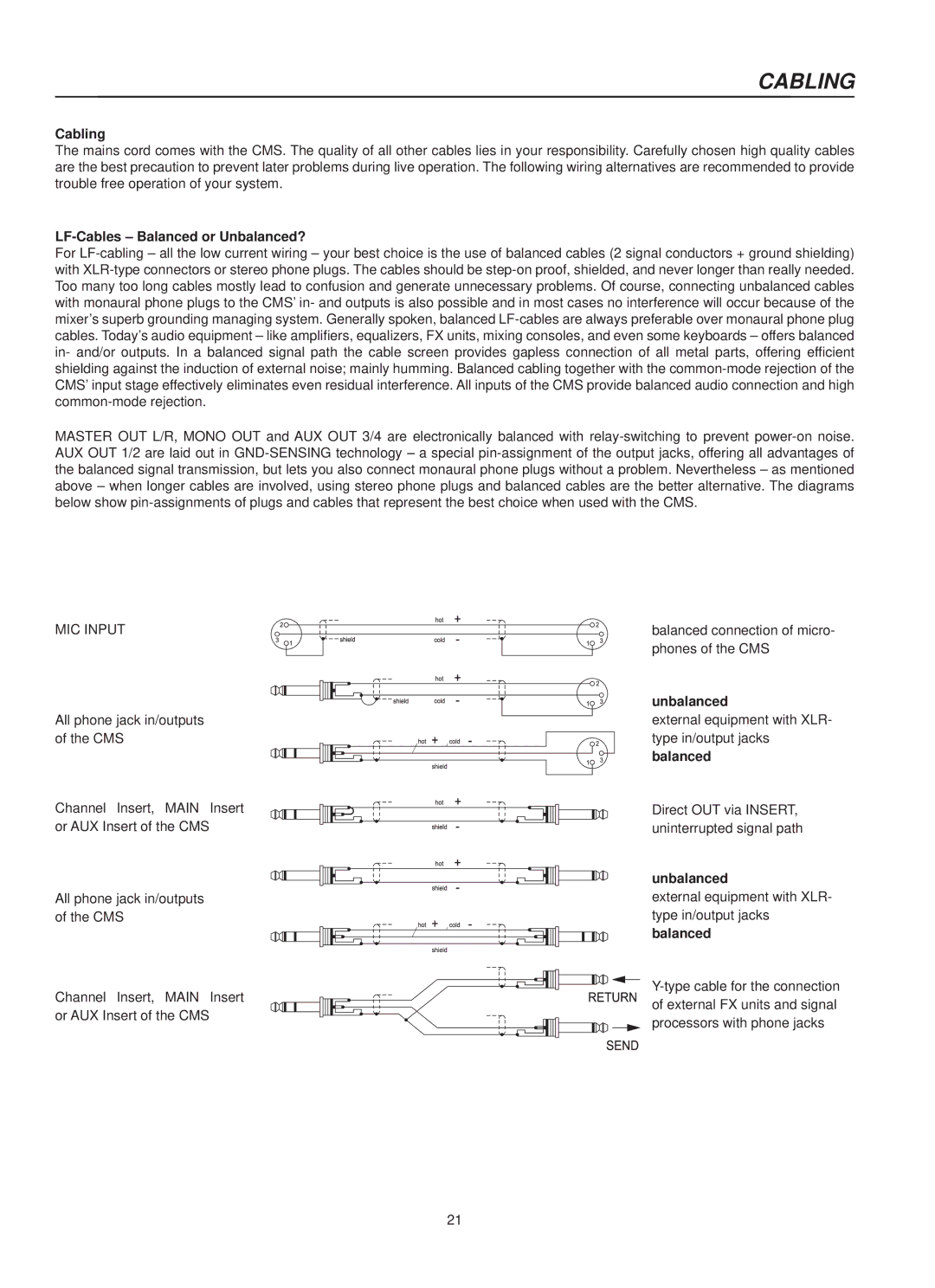 Dynacord CMS 1000, 1600, 2200 owner manual Cabling, LF-Cables Balanced or Unbalanced? 