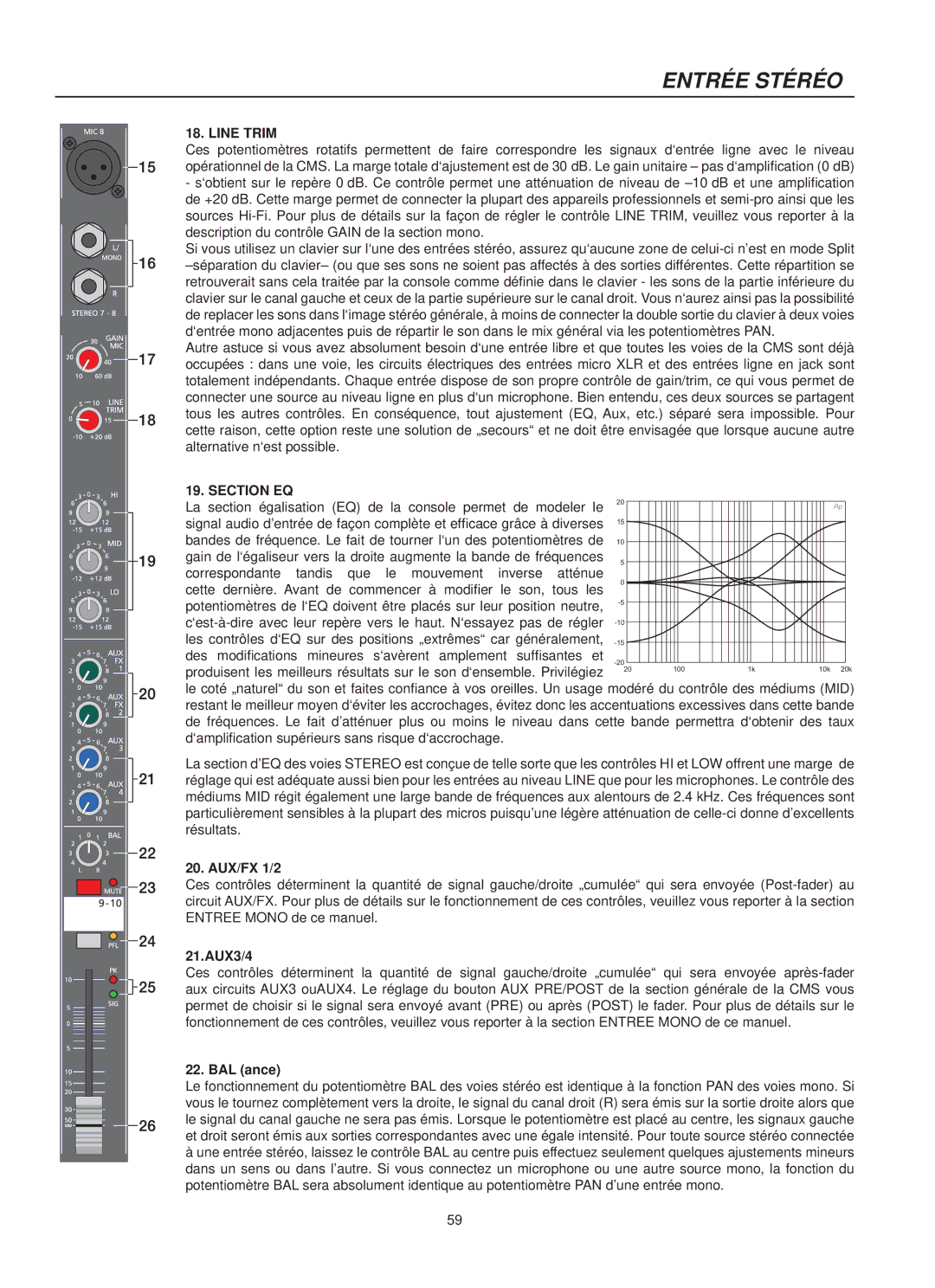 Dynacord 2200, CMS 1000, 1600 owner manual Section EQ, AUX/FX 1/2, 21.AUX3/4, BAL ance 