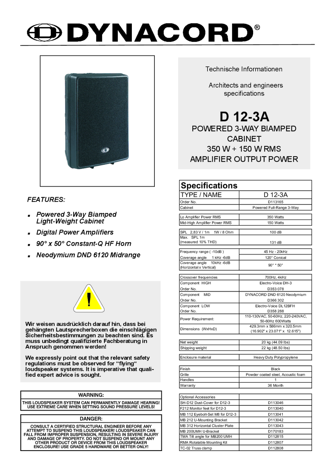 Dynacord D 12-3A specifications 