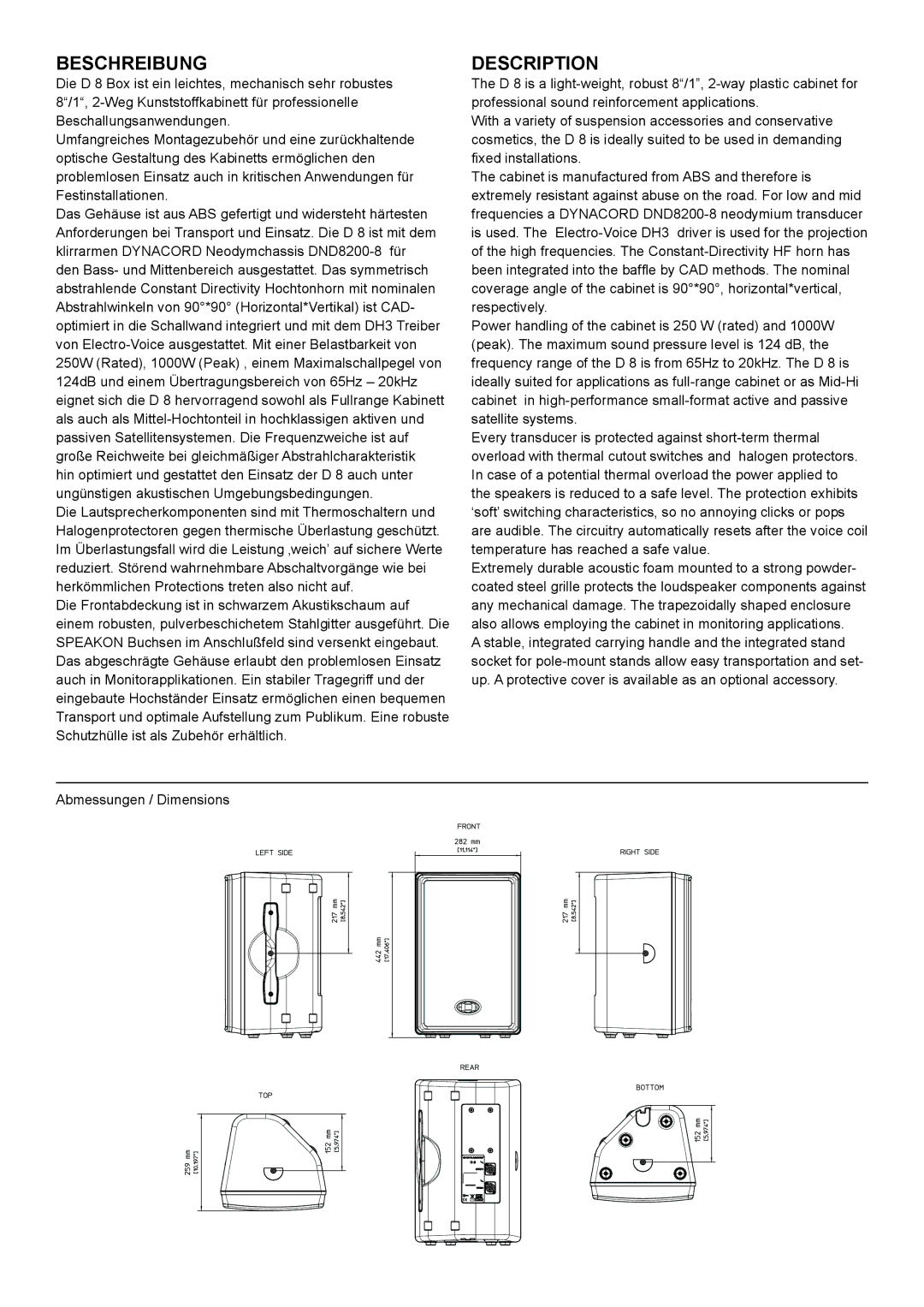 Dynacord D 8W specifications Beschreibung 