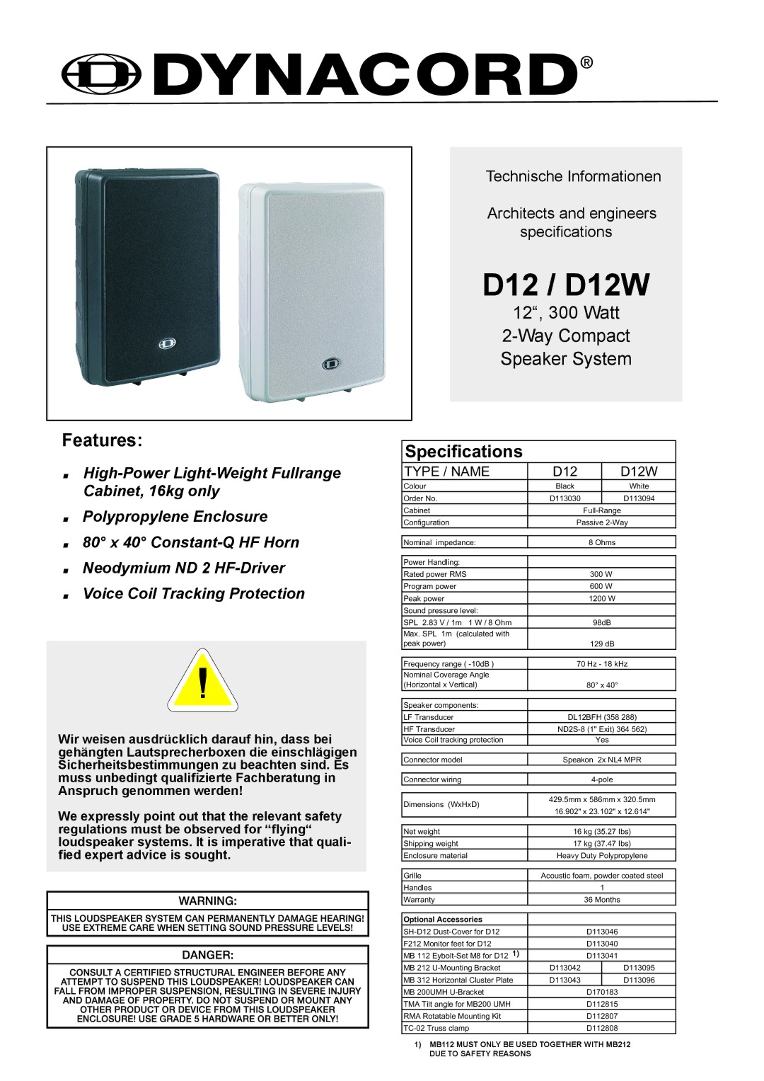 Dynacord specifications D12 / D12W 