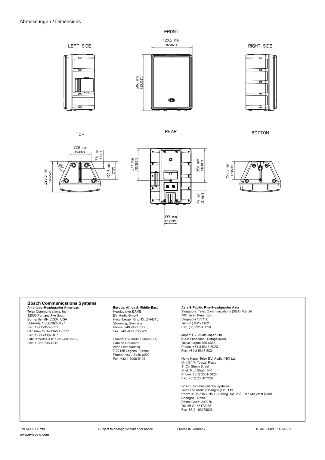 Dynacord D12W specifications Abmessungen / Dimensions 