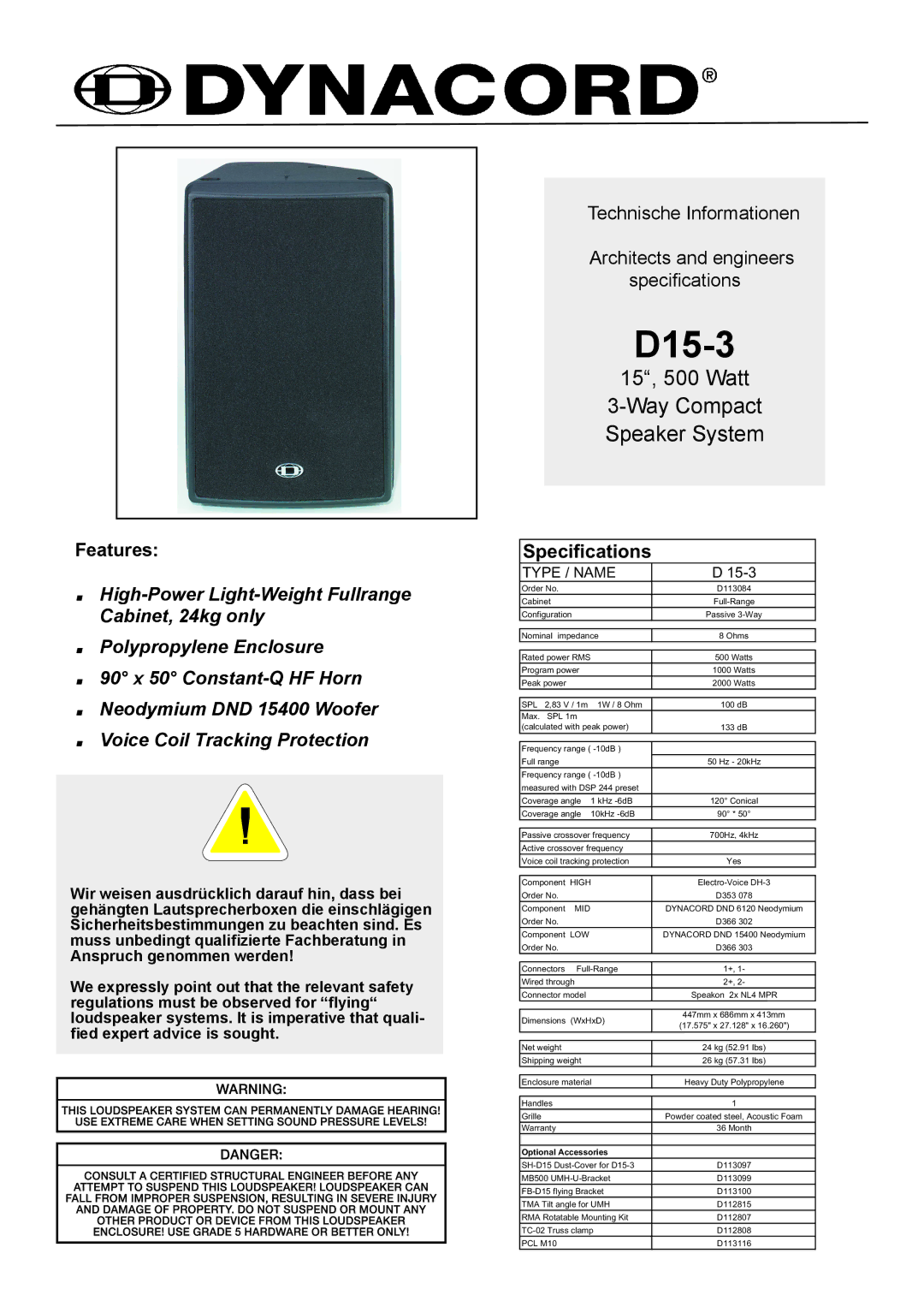 Dynacord D15-3 specifications Type / Name 