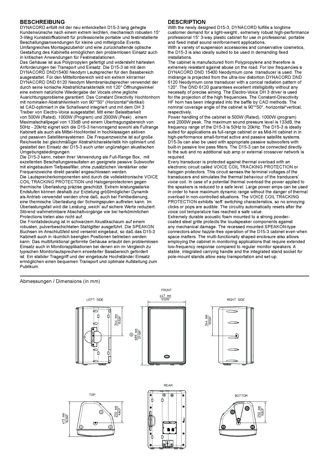 Dynacord D15-3 specifications Beschreibung 