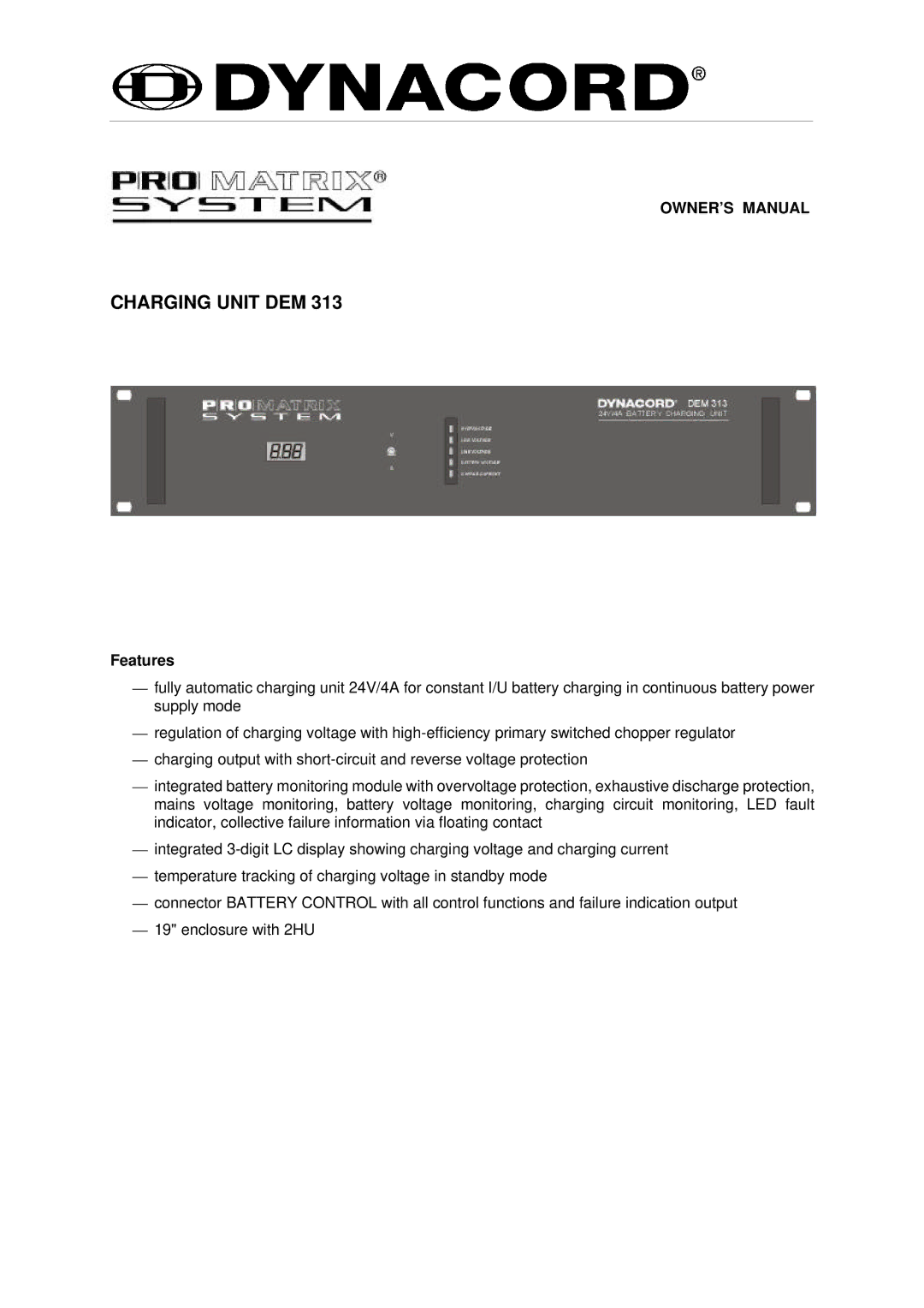 Dynacord DEM 313 owner manual Charging Unit DEM, Features 