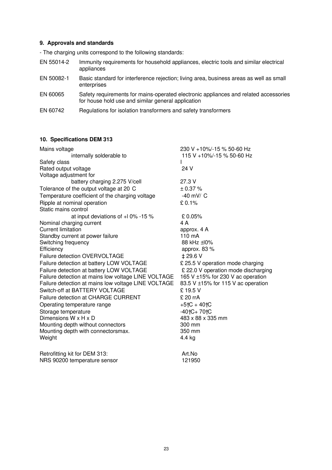 Dynacord DEM 313 owner manual Approvals and standards, Specifications DEM 