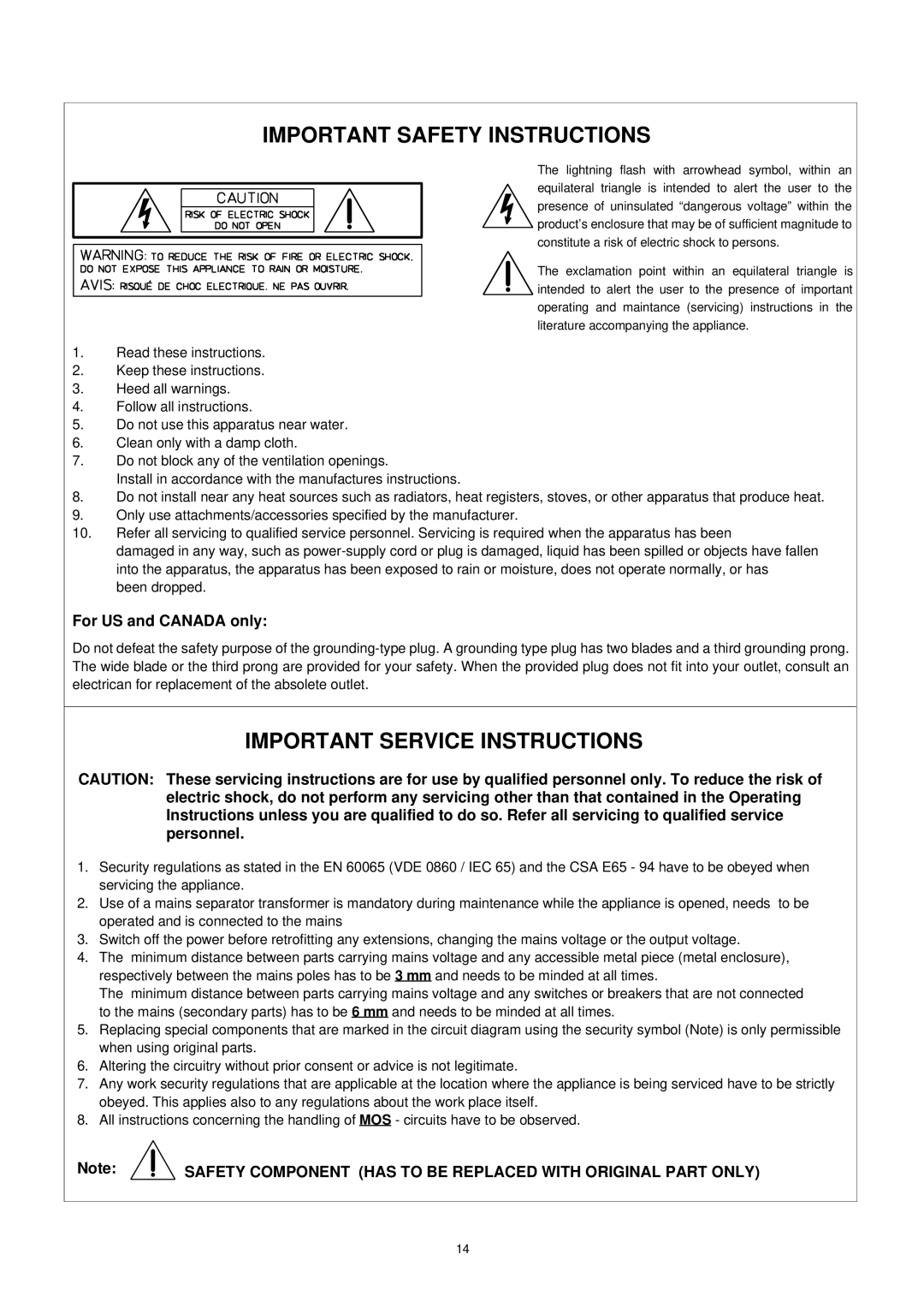 Dynacord DEM 313 owner manual Important Safety Instructions, For US and Canada only 