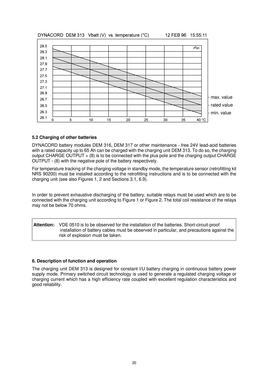 Dynacord DEM 313 owner manual Charging of other batteries, Description of function and operation 