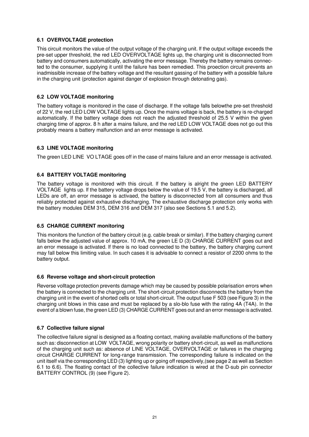 Dynacord DEM 313 Overvoltage protection, LOW Voltage monitoring, Line Voltage monitoring, Battery Voltage monitoring 