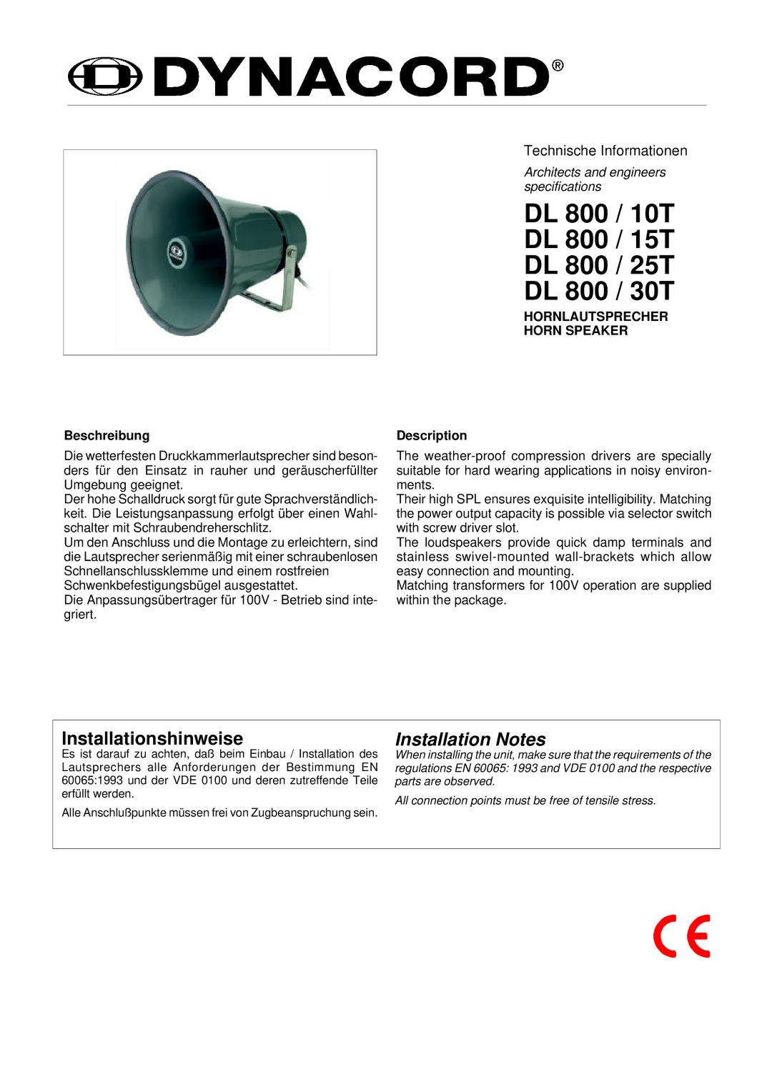 Dynacord specifications DL 800 / 10T DL 800 / 15T DL 800 / 25T DL 800 / 30T, Installationshinweise, Installation Notes 