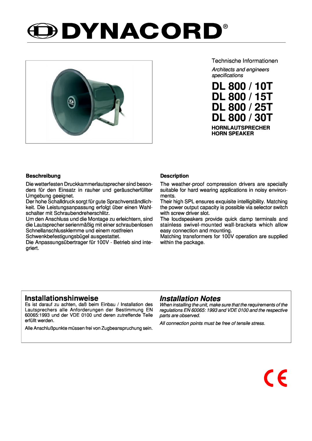 Dynacord DL 800 / 10T, DL 800 / 15T specifications Beschreibung, HORNLAUTSPRECHER HORN SPEAKER Description, DL 800 / 30T 