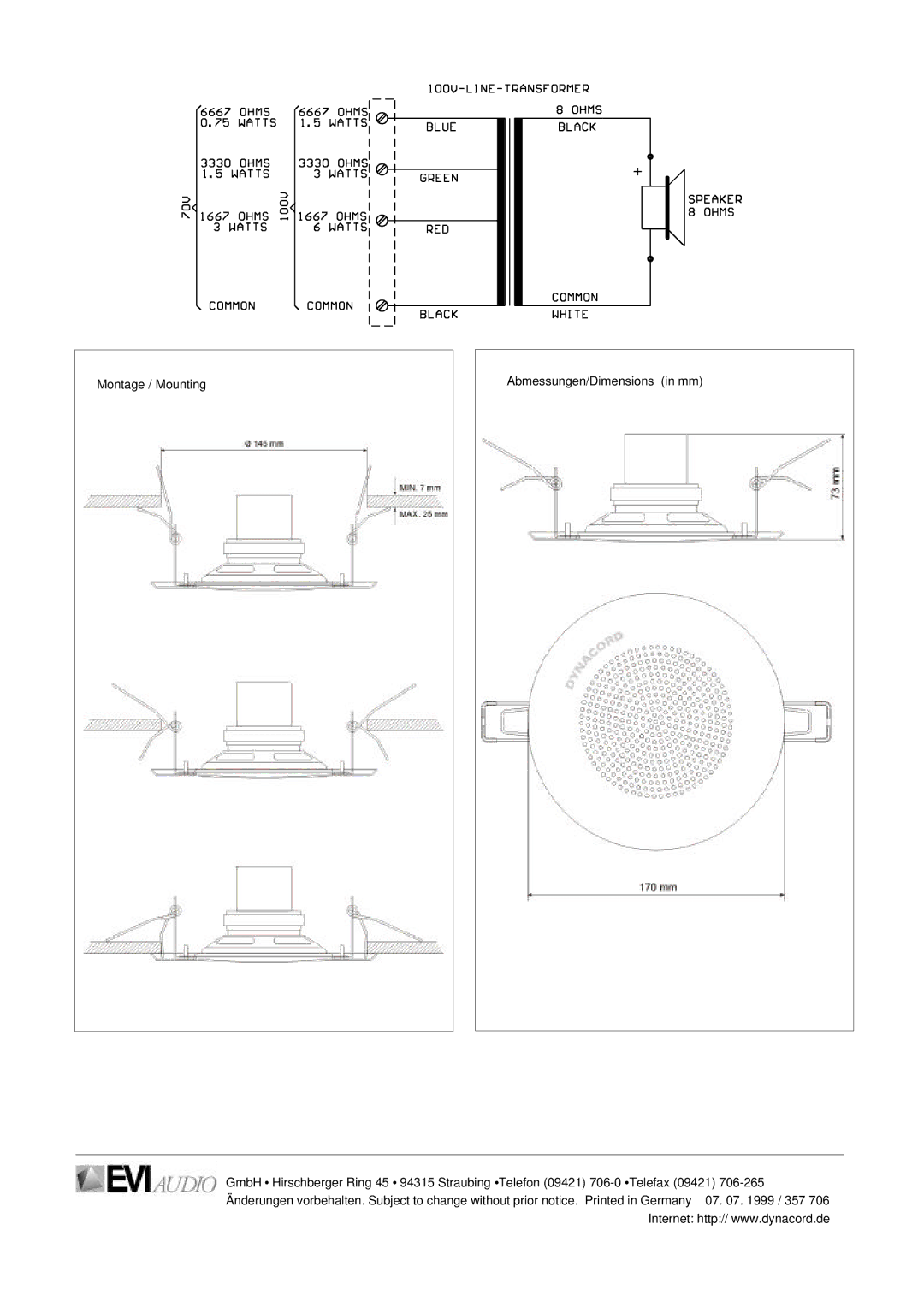 Dynacord DL 92 specifications Montage / Mounting Abmessungen/Dimensions in mm 