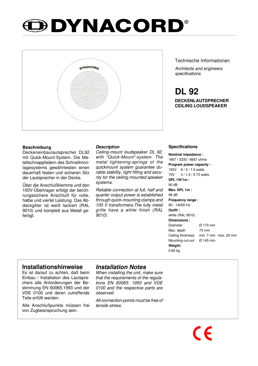Dynacord DL 92 specifications Installationshinweise, Installation Notes, Technische Informationen, Description 