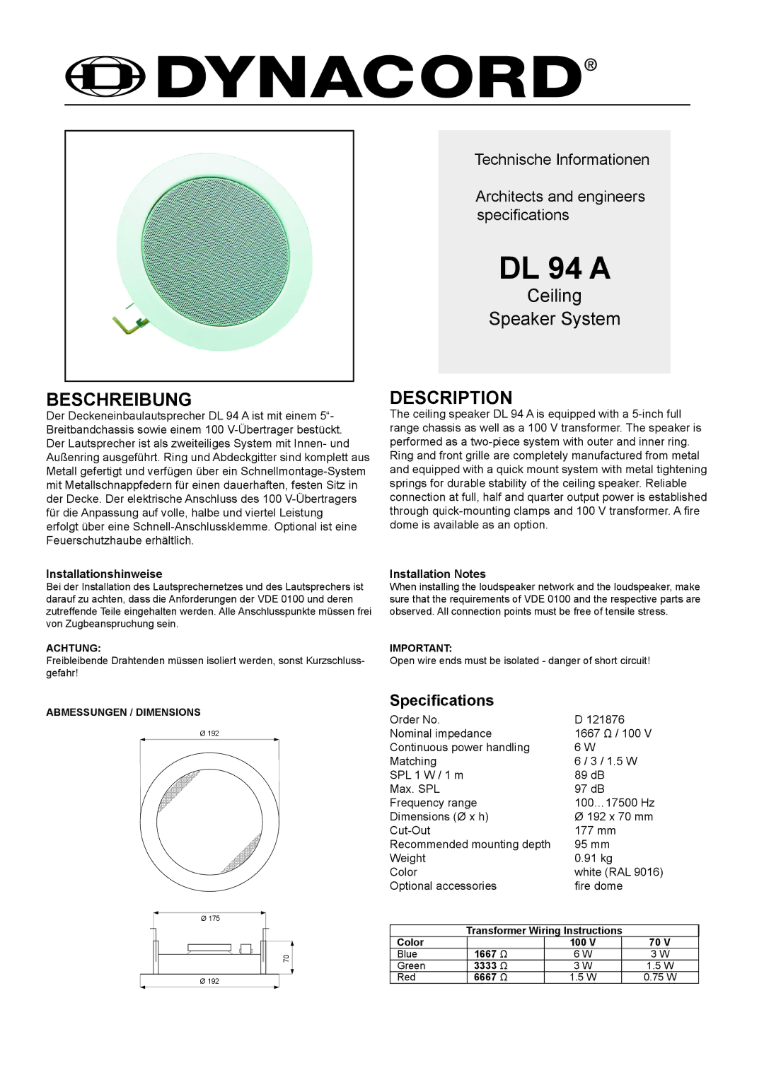 Dynacord DL 94 A dimensions DL 94 a, Beschreibung, Description, Specifications 