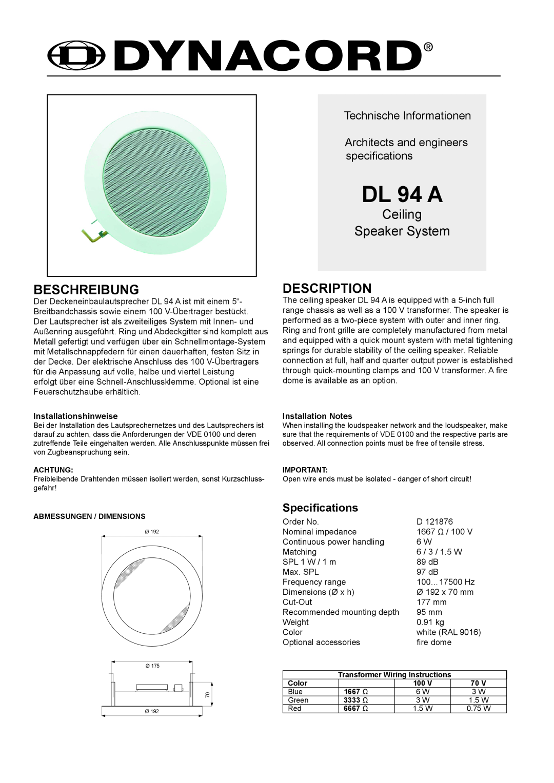 Dynacord DL 94 A dimensions Beschreibung, Ceiling Speaker System, Description, Technische Informationen, Specifications 