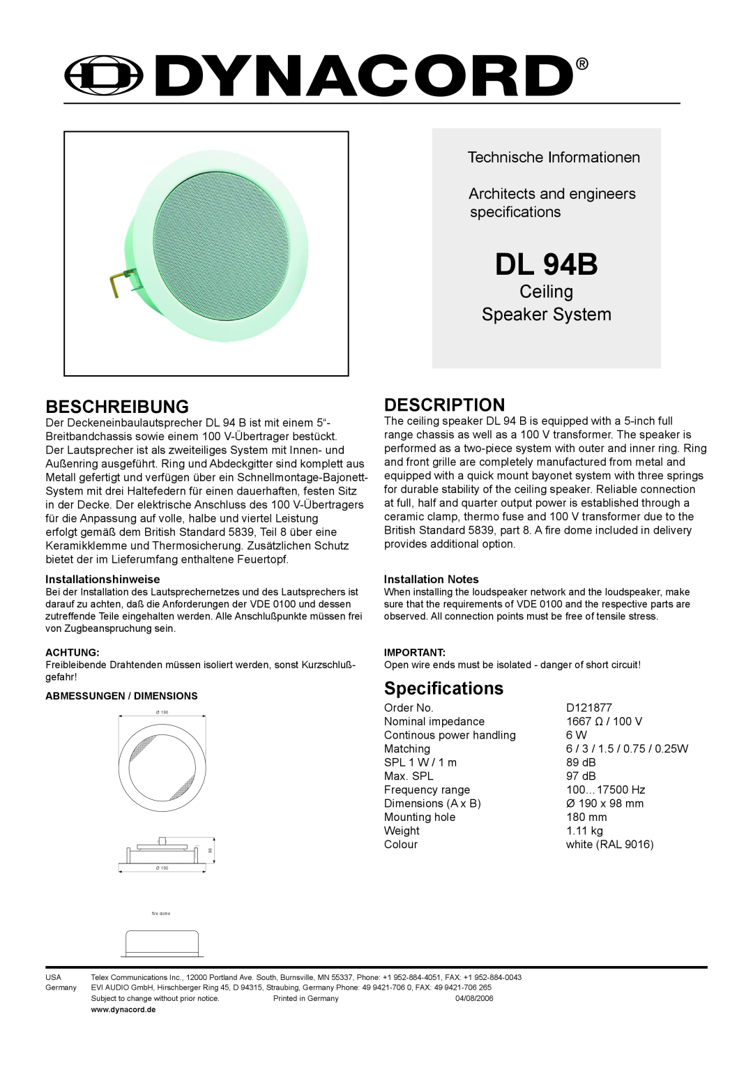 Dynacord DL 94B dimensions Beschreibung, Ceiling Speaker System, Description, Specifications, Technische Informationen 