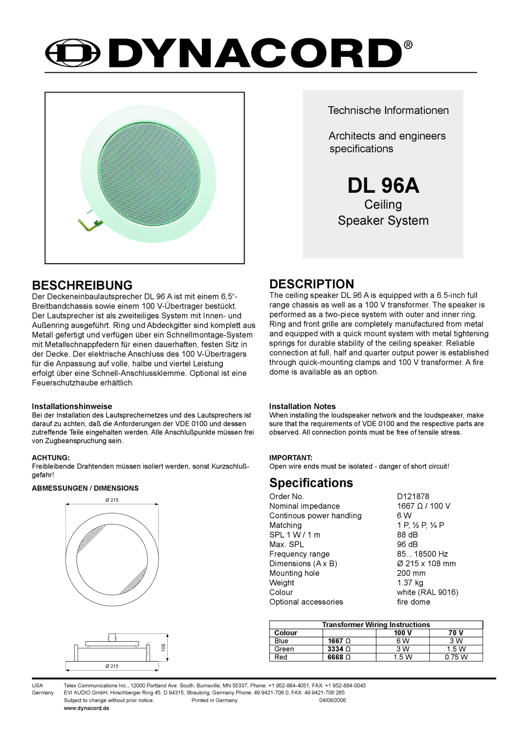 Dynacord DL 96A dimensions Beschreibung, Description, Installationshinweise, Installation Notes 