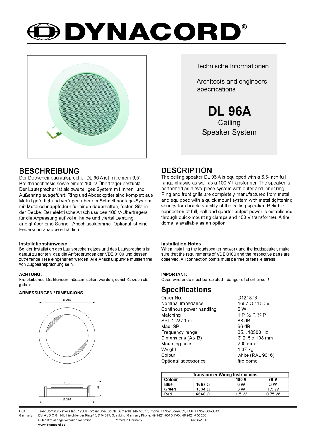 Dynacord DL 96A dimensions Beschreibung, Ceiling Speaker System, Description, Specifications, Technische Informationen 