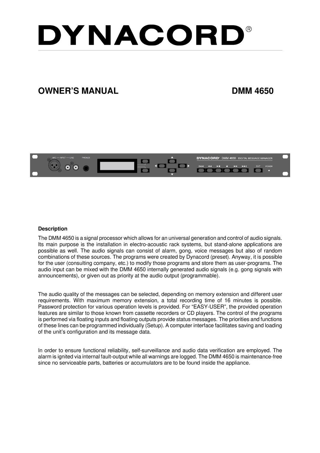 Dynacord DMM 4650 owner manual Dmm, Description 