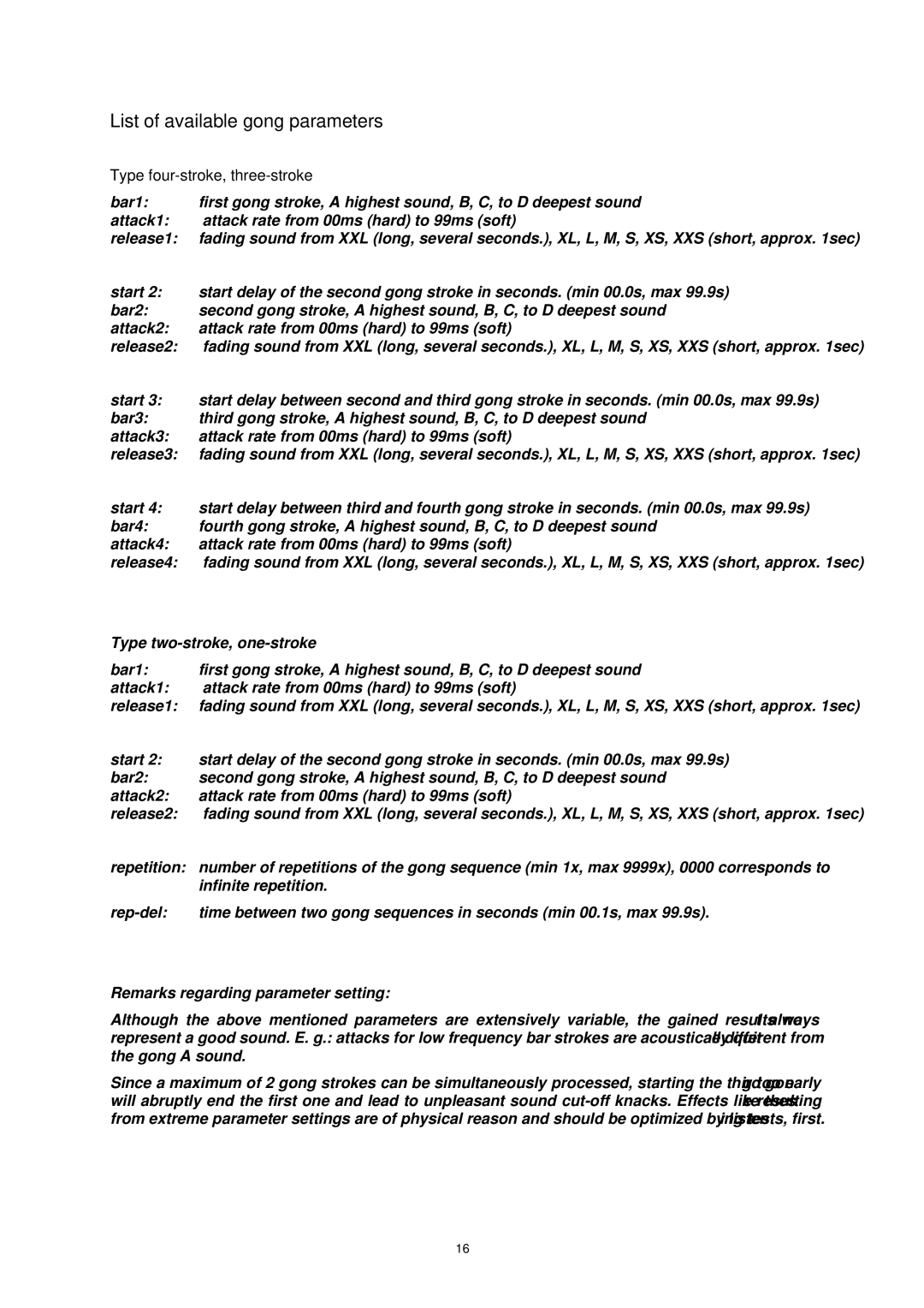 Dynacord DMM 4650 owner manual List of available gong parameters, Type four-stroke, three-stroke 