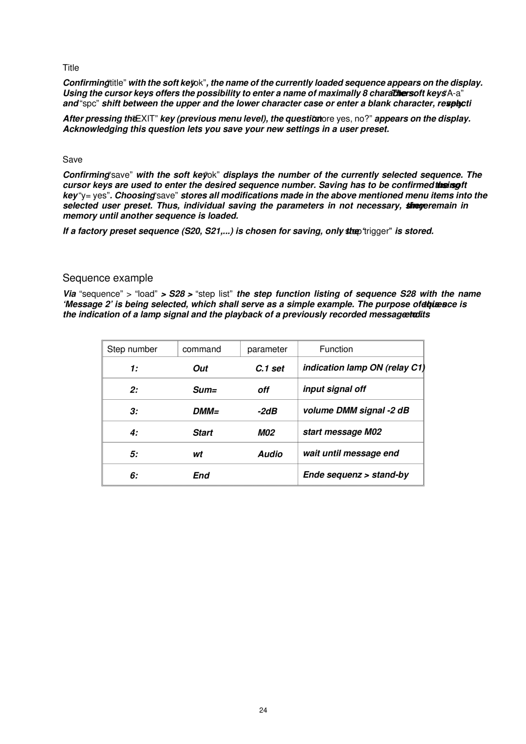 Dynacord DMM 4650 owner manual Sequence example, Command, Function 