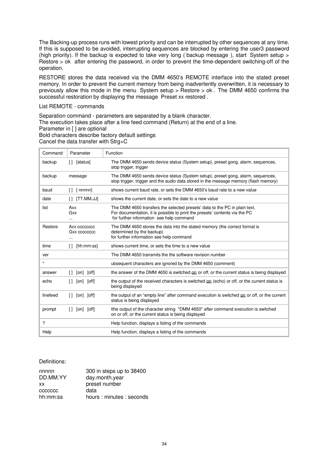 Dynacord DMM 4650 owner manual List Remote commands, Command Parameter Function 